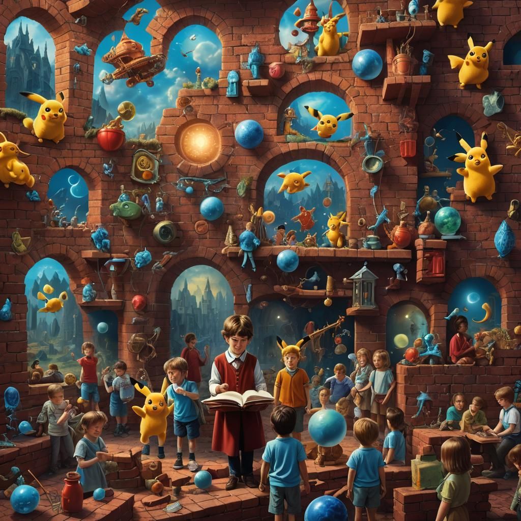 Pikachu and Fantasy Schoolchildren in Dreamlike Landscape