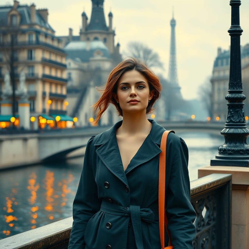 Woman Walks Along Seine in Impressionist Style