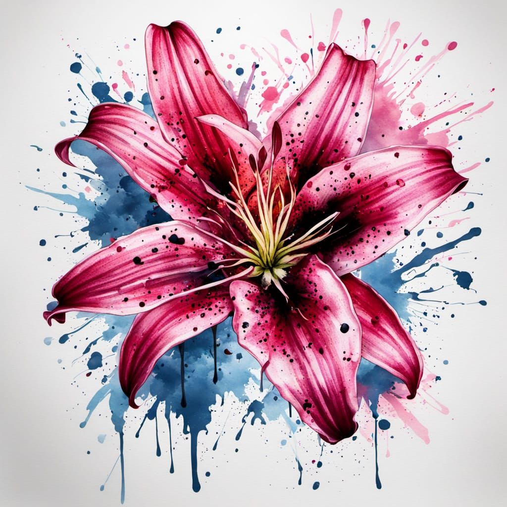 Rosy Sky with Ink Splatter Lily