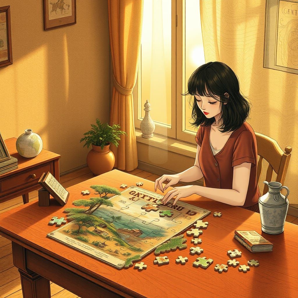 Woman Assembling Jigsaw Puzzle in Cozy Living Room