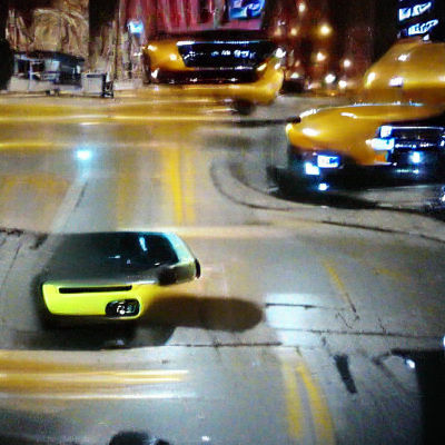Yellow Dodge Challenger Driving in Chicago at Night