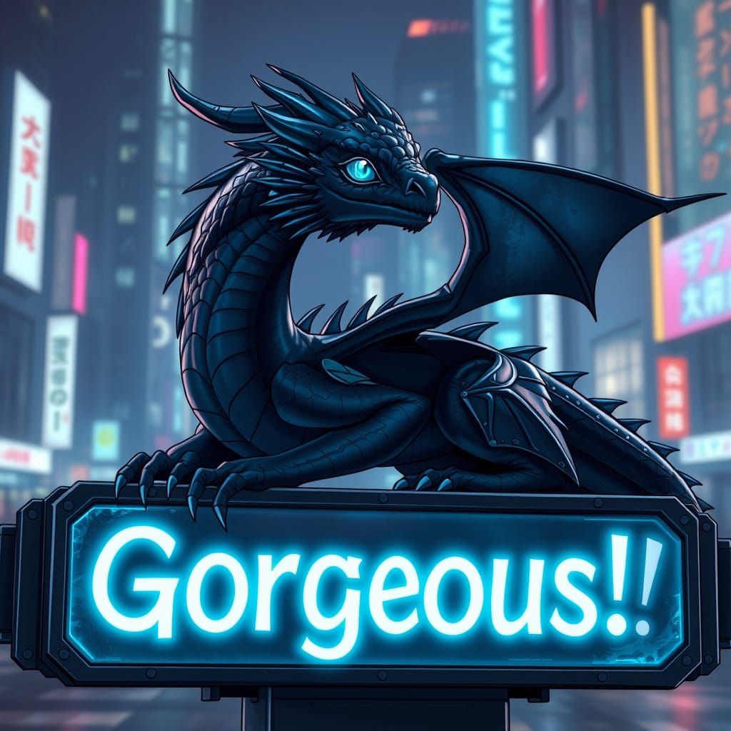 Gorgeous! Cyberpunk Anime Dragon in Majestic Obidian Form