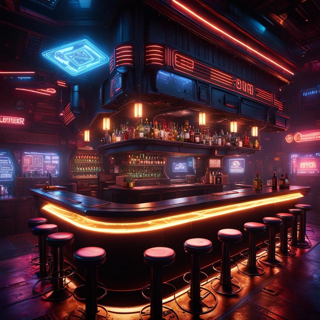 Cyberpunk Bar Top-Down View in Detailed Matte Painting