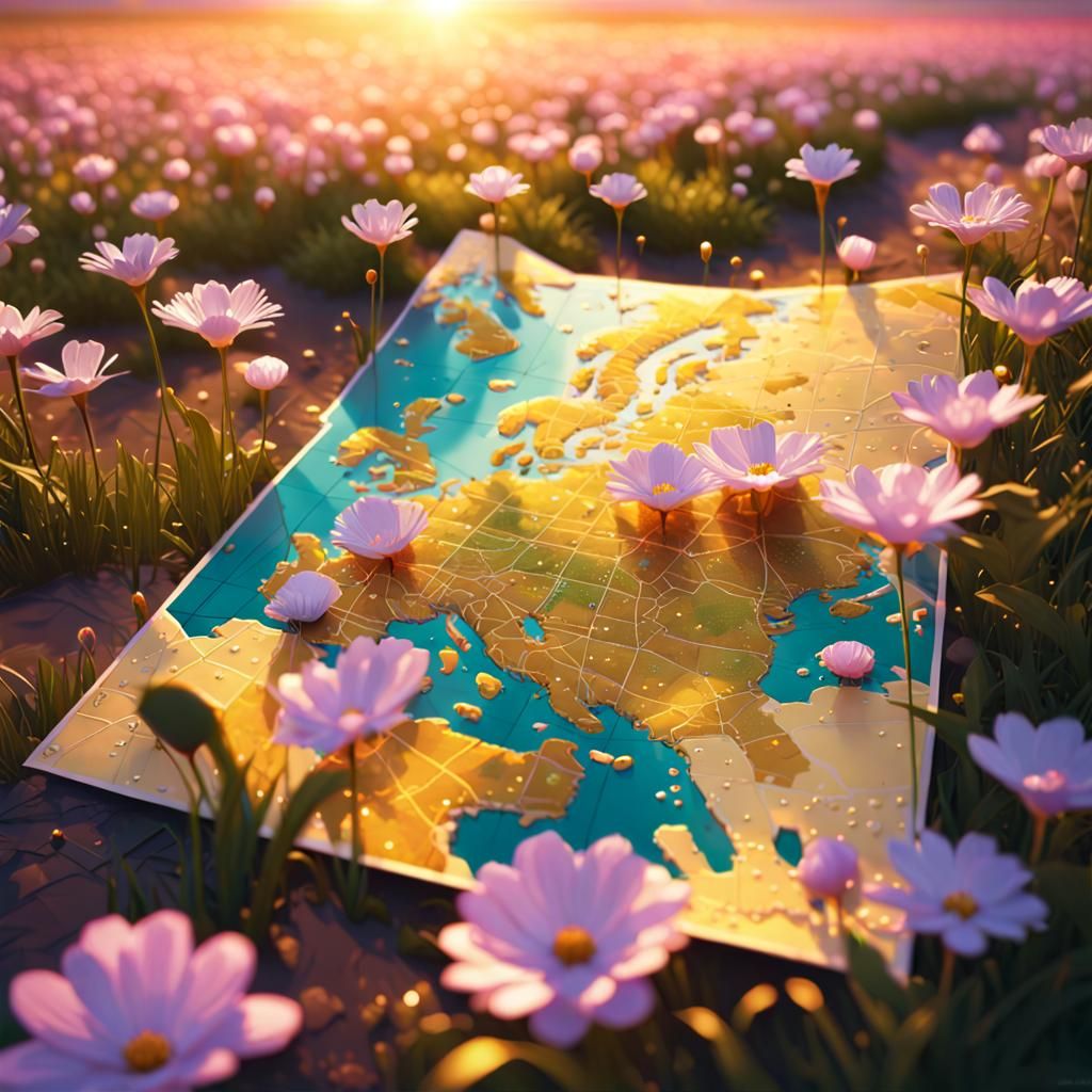 Sparkling Paper Map on Blooming Flower Field