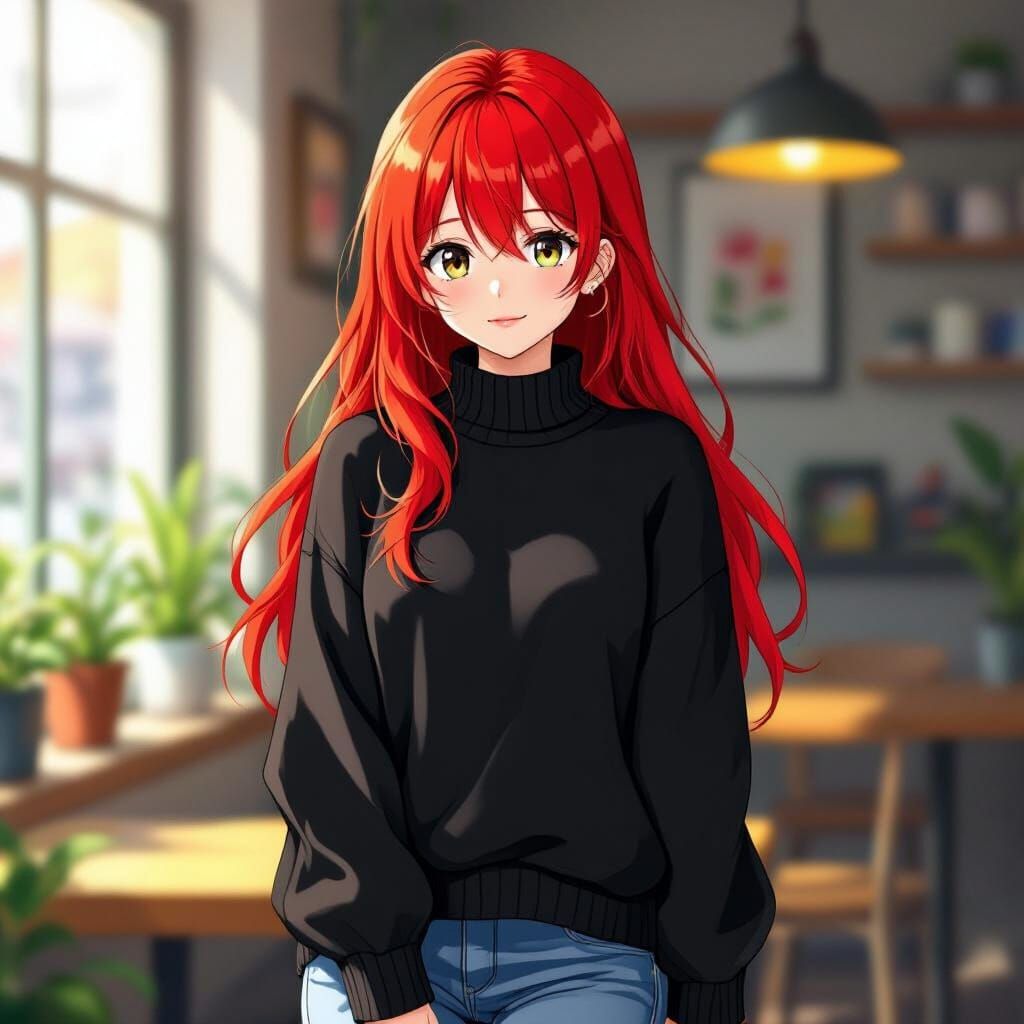 Vibrant Anime Girl with Red Hair in Black Sweater