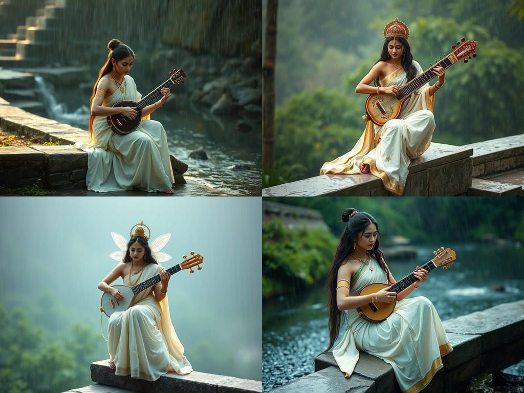 Celestial Apsara Playing Sitar by Stream