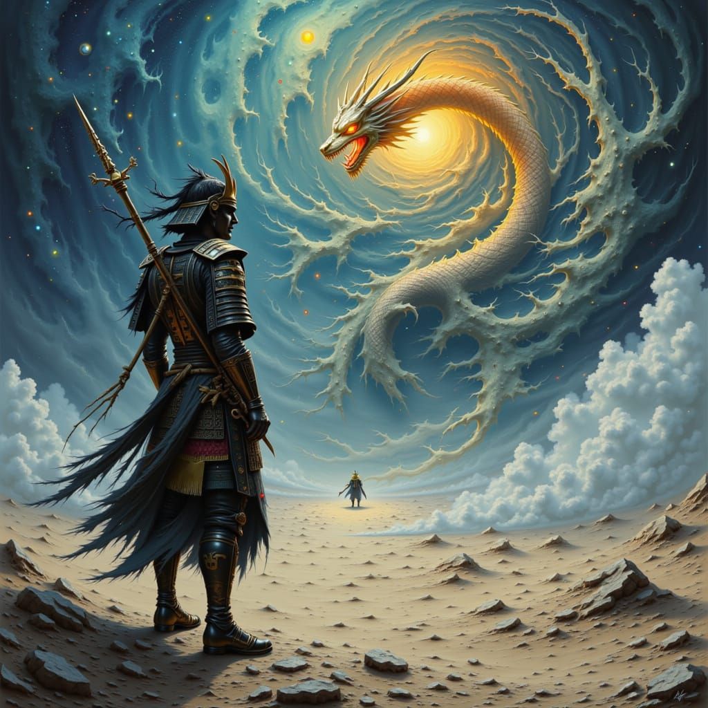 Samurai Warrior Faces Spectral Dragon on Windswept Plain