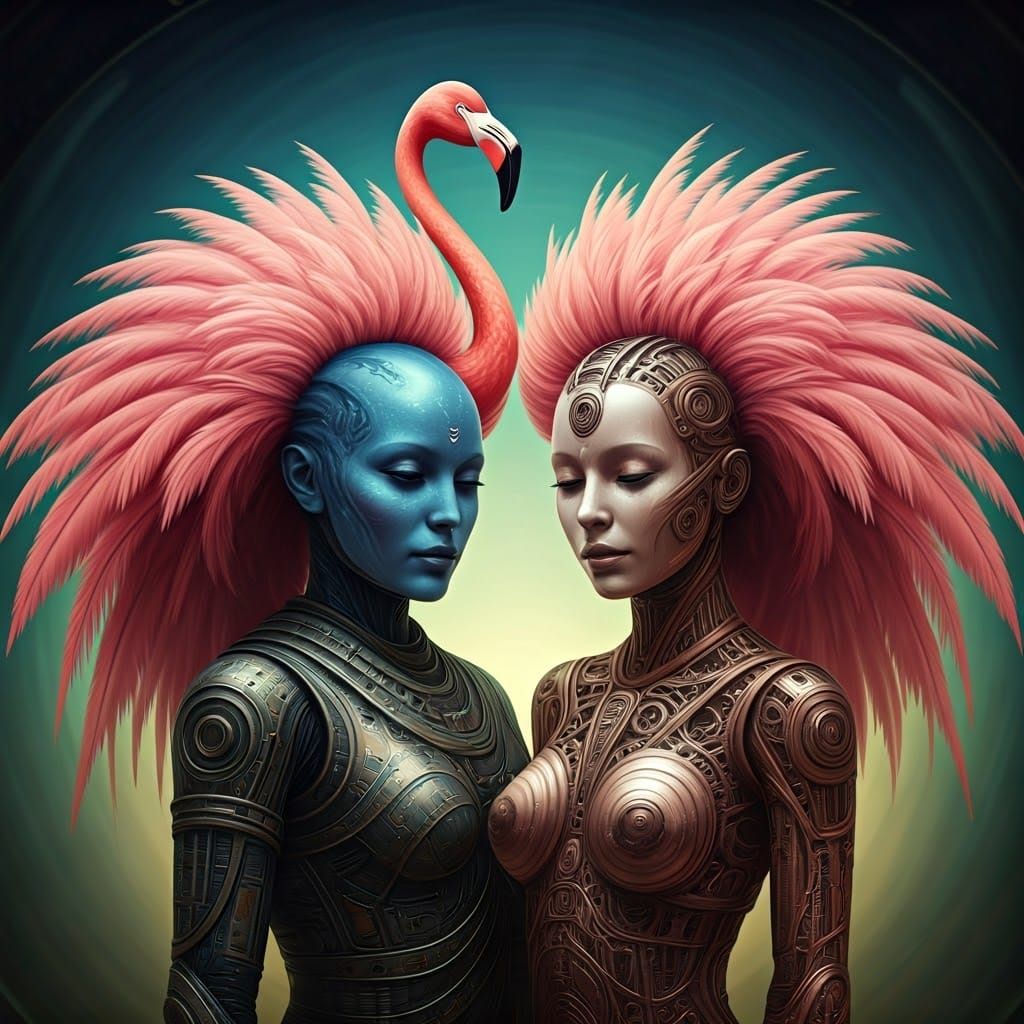 Otherworldly Duo Unites in Flamingo Feathered Hairstyles
