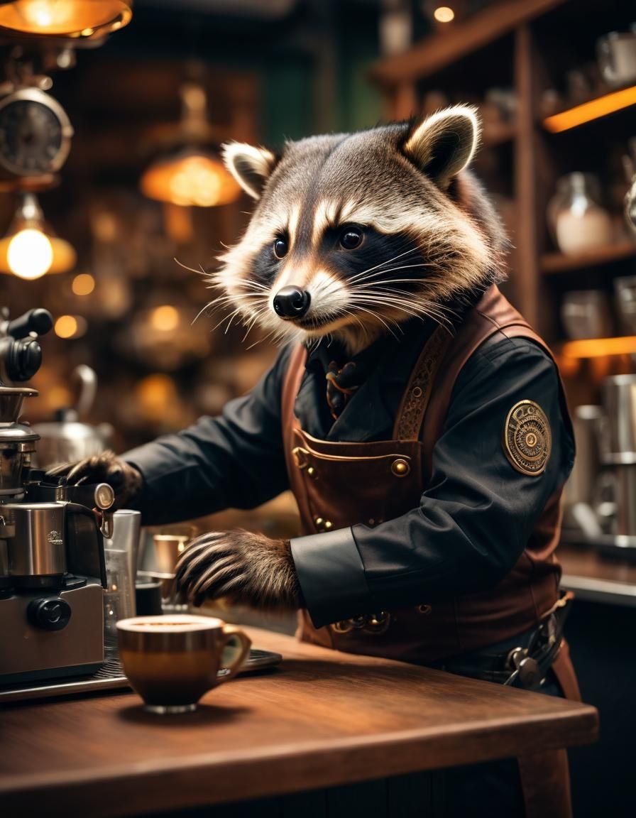 Raccoon Barista in Steampunk Coffee Shop