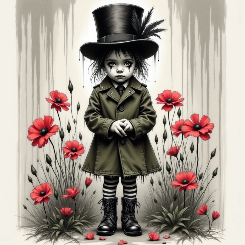 Dark Whimsical Child in Military Coat with Red Poppies