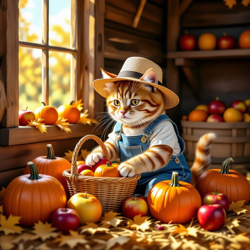 Ginger Cat Sorts Autumn Harvest in Sunlit Barn