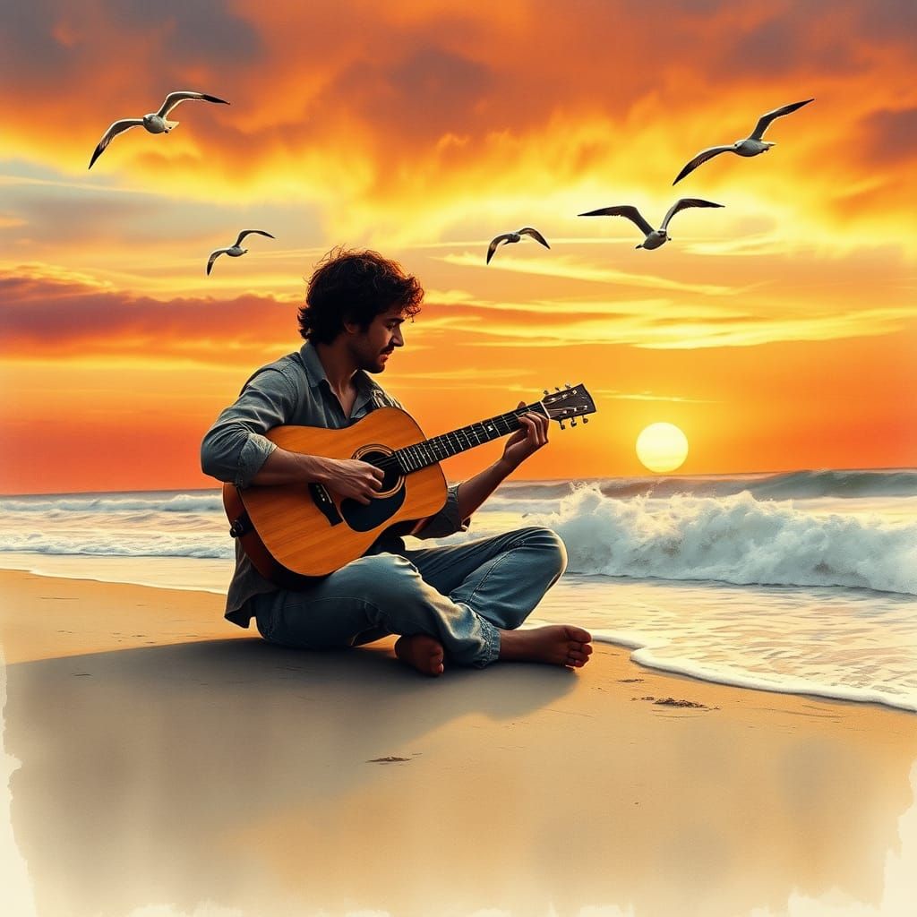 Guitarist's Sunset Serenade: Melancholy on a Weathered Beach