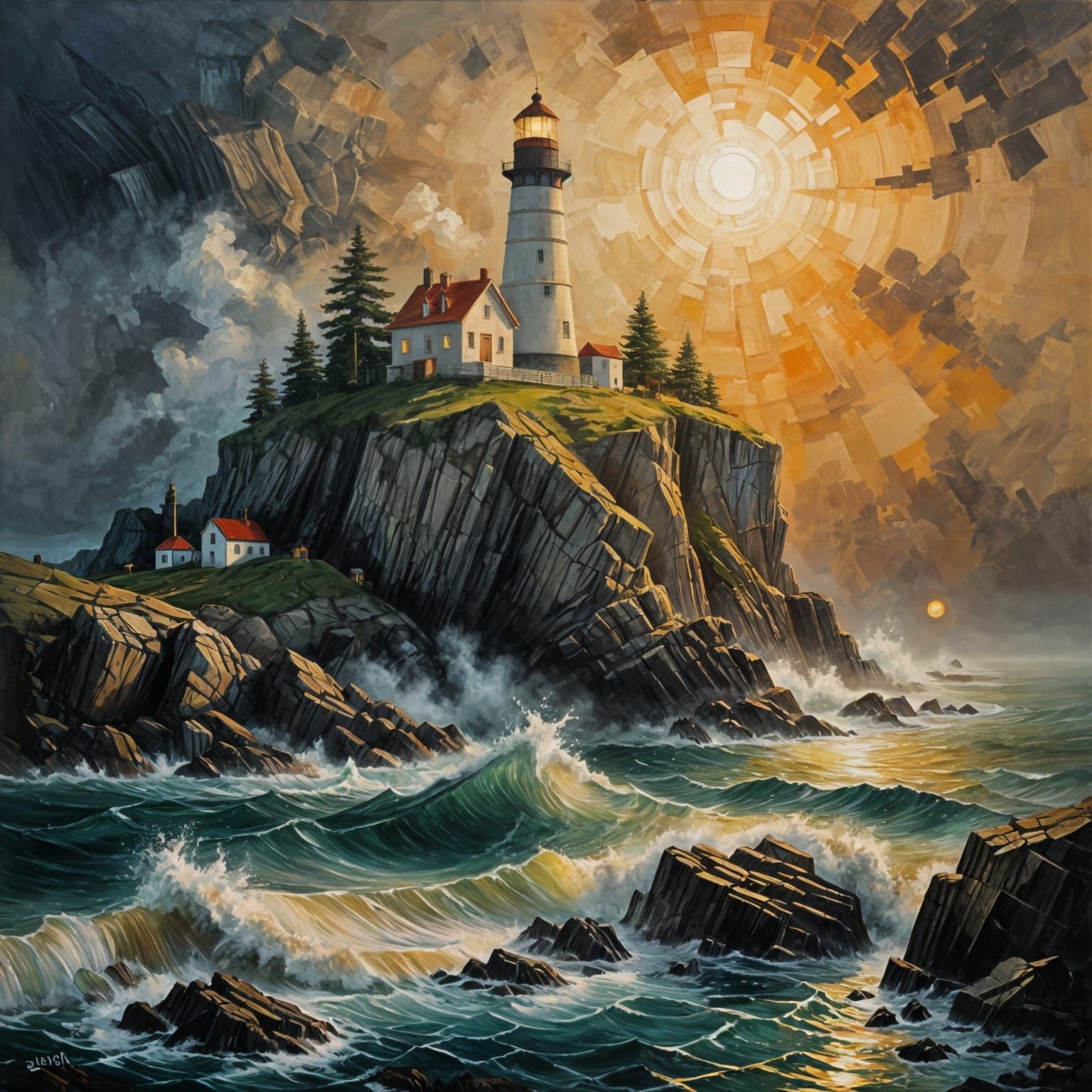 Lighthouse on Rocky Coast as Impasto Painting