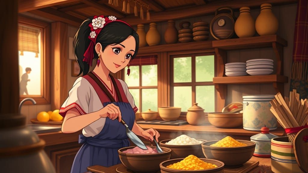 Venezuelan Woman Cooking Arepas in Cozy Studio Ghibli-Inspir...