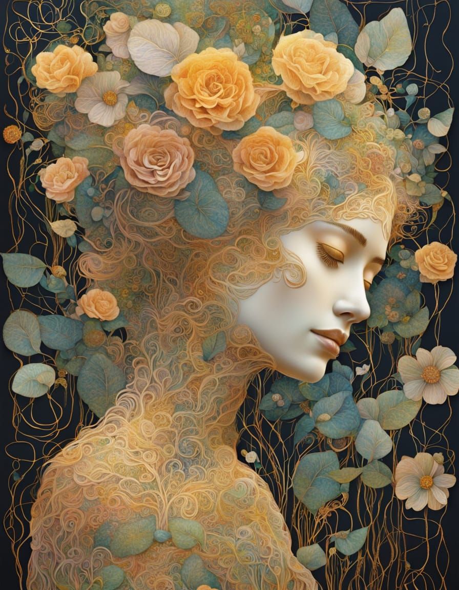 Woman of Strings & Nature, Klimt Inspired Botanical Art