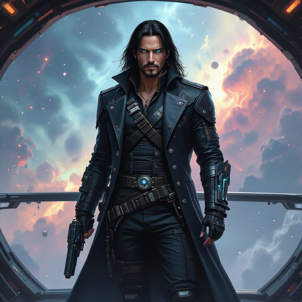 Futuristic Space Pirate on Starship Bridge in Matte Painting...