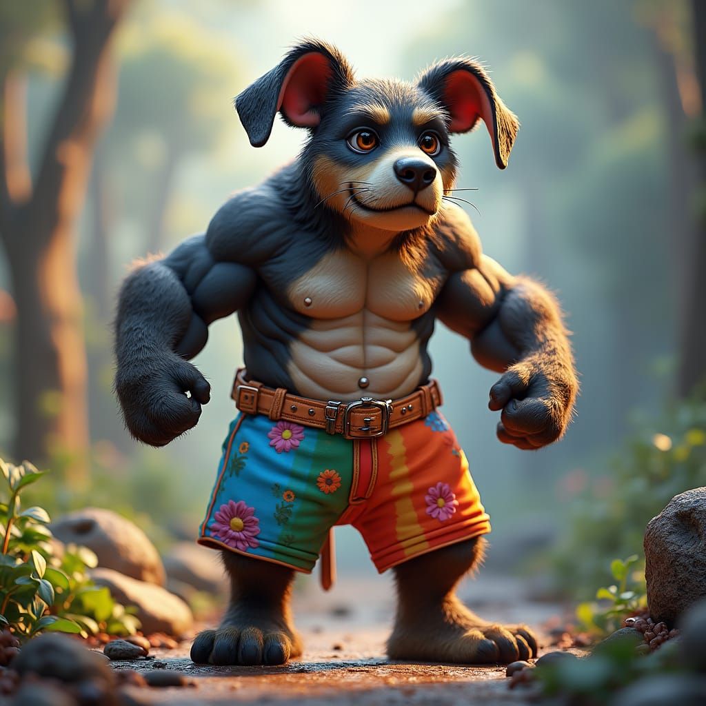 Muscular Dog Hero in Rainbow Shorts