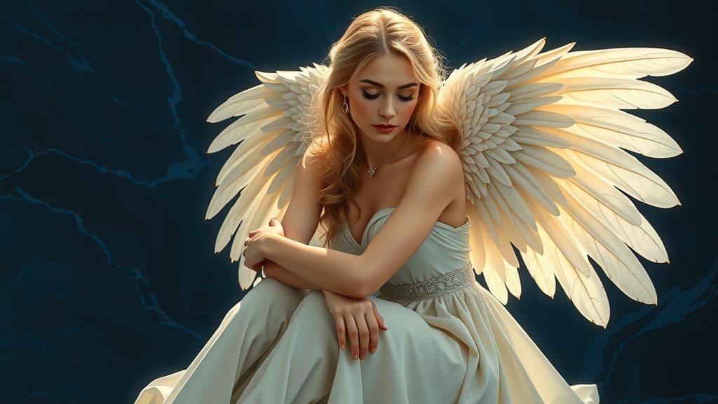 Angelic Woman Contemplating in Sapphire Blue