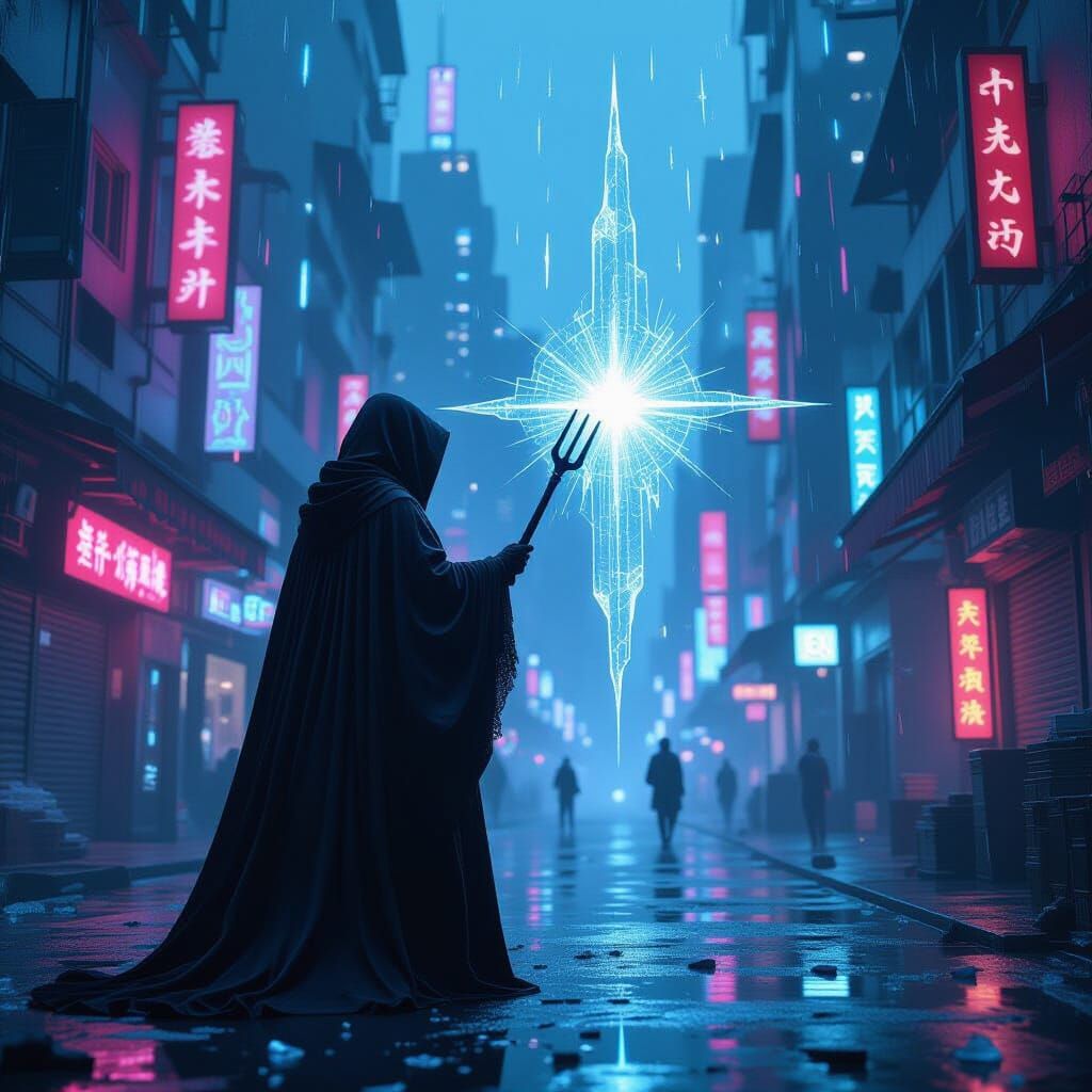 Cloaked Figure Freezes Sound in Cyberpunk City