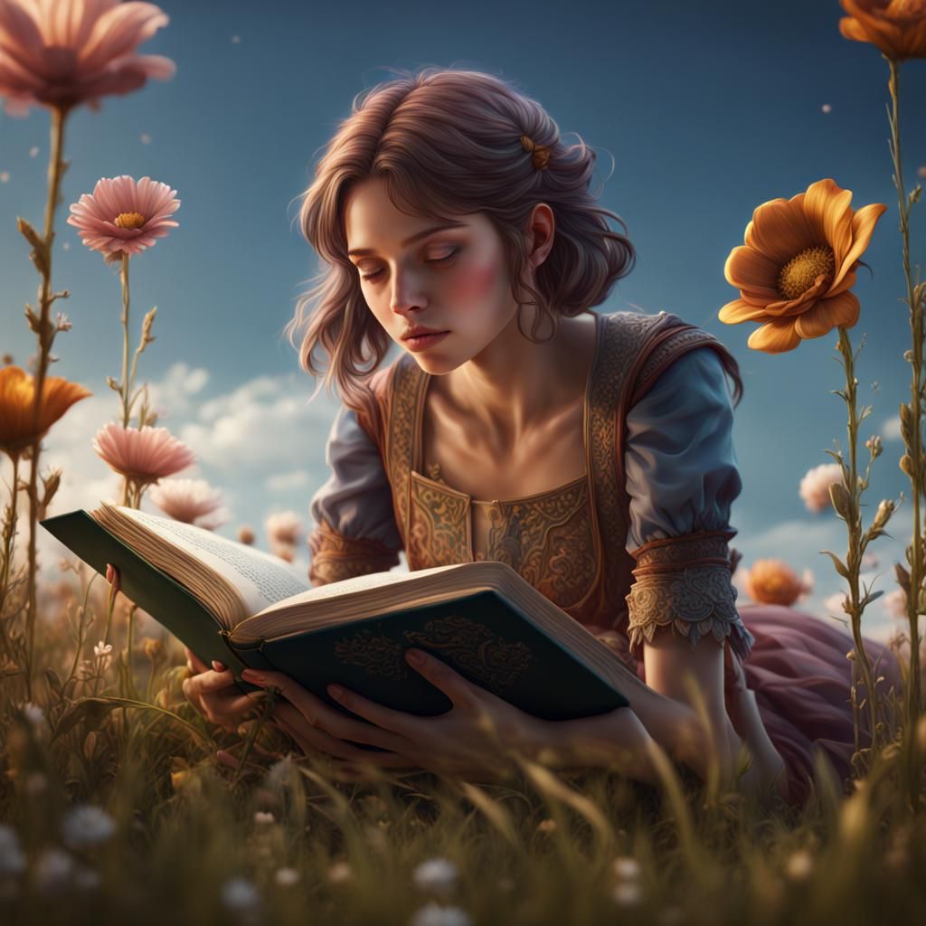 Girl with Book Flower in Language Field