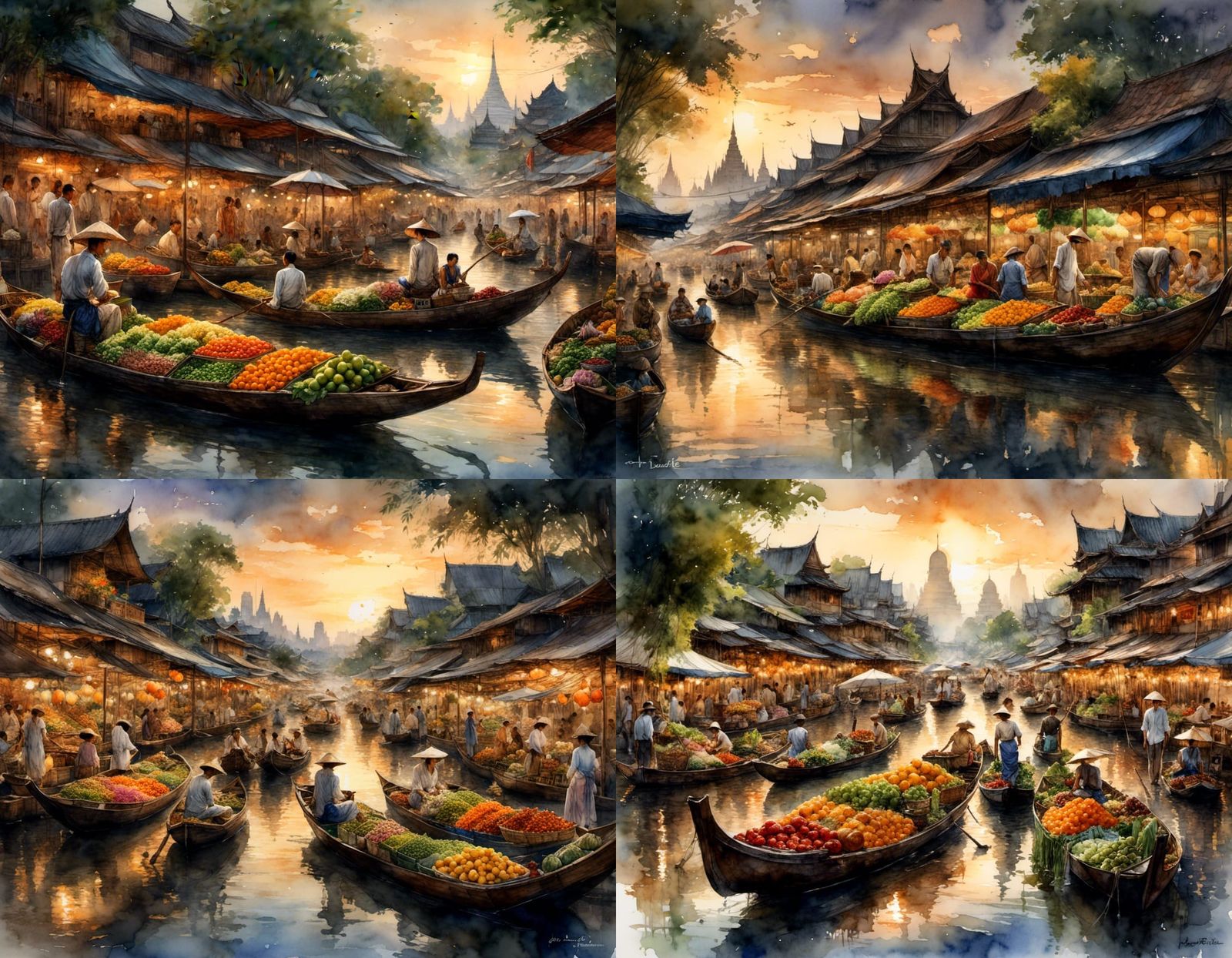 Floating Bangkok Market in Watercolor Style