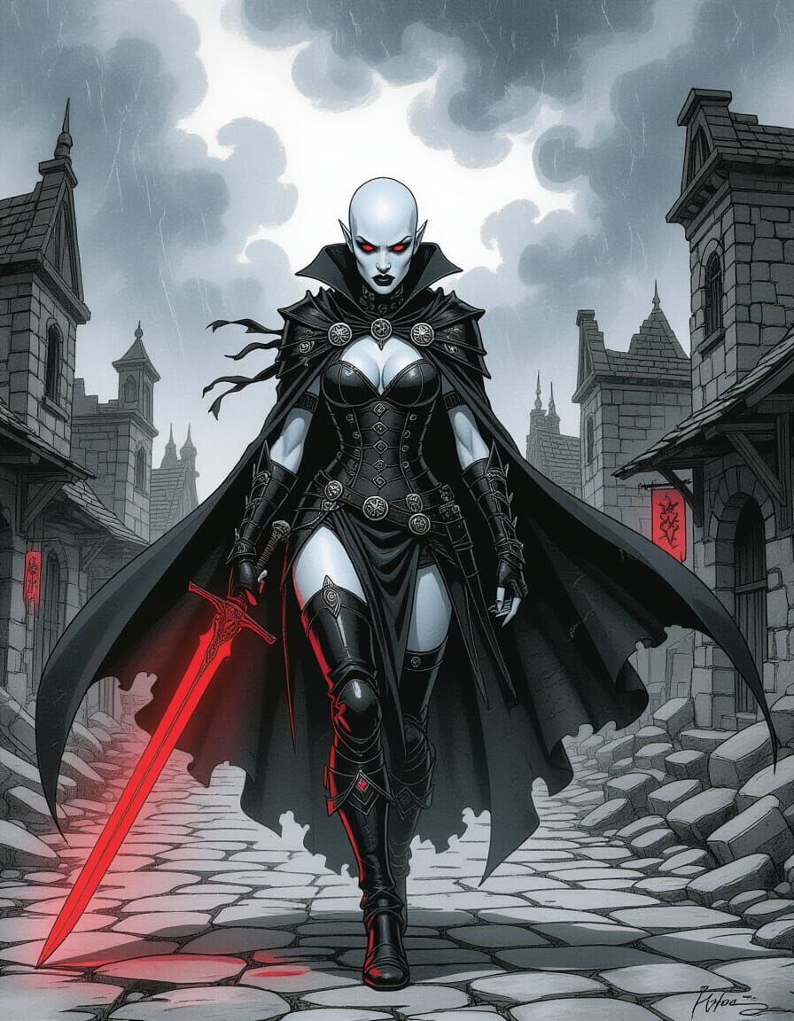 Elven Assassin in Ruined City: Dark Fantasy Illustration