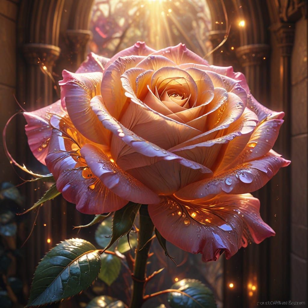 Glowing Pink Rose Close Up in Ethereal Digital Art Style