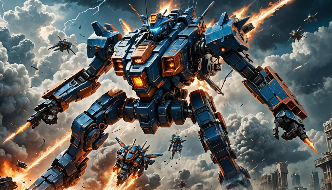 Aerial Mecha Battle in High-Fantasy Style