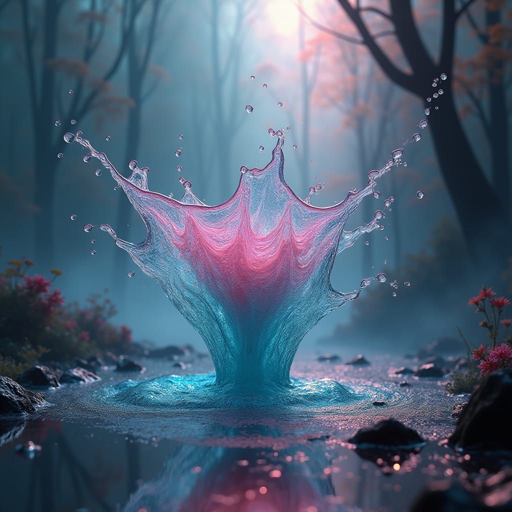 Iridescent Urine Splash in Dreamlike Sci-Fi Landscape