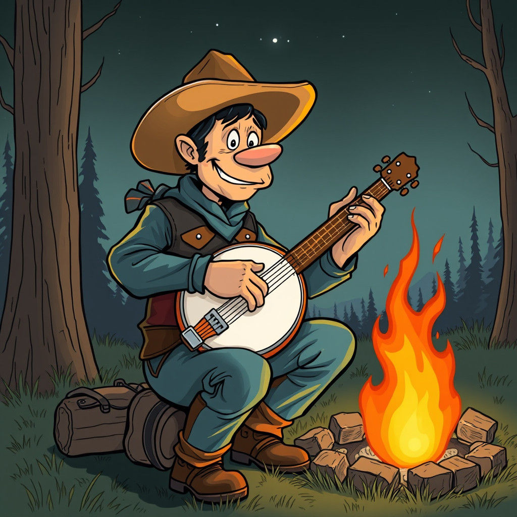Cartoon Cowboy's Campfire Serenade: Comic Book Art