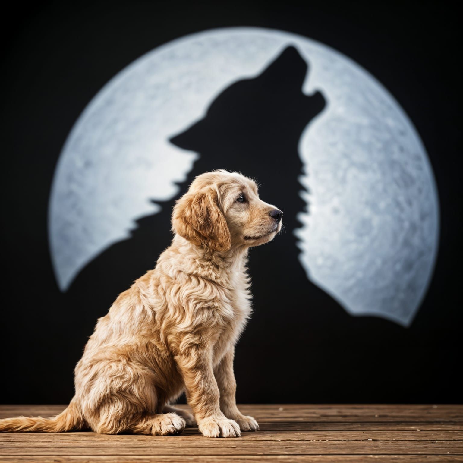 Cute Groodle Puppy Under the Moonlit Shadow of a Majestic Wo...