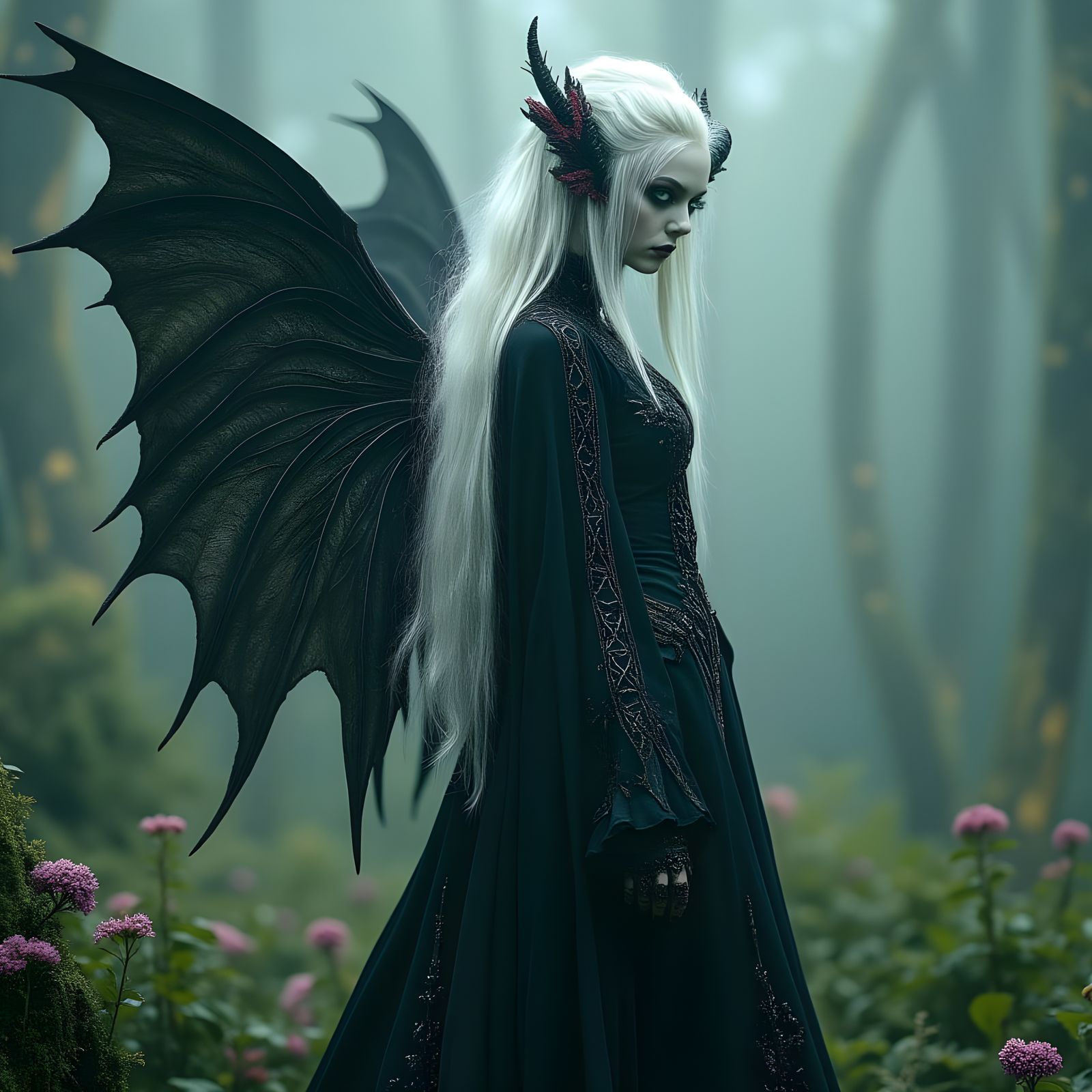 Ethereal Fae in Foggy Forest, Celtic Tattoos and Dark Wings