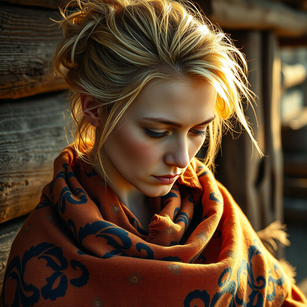 Contemplative Siberian Woman in Traditional Batik Garment