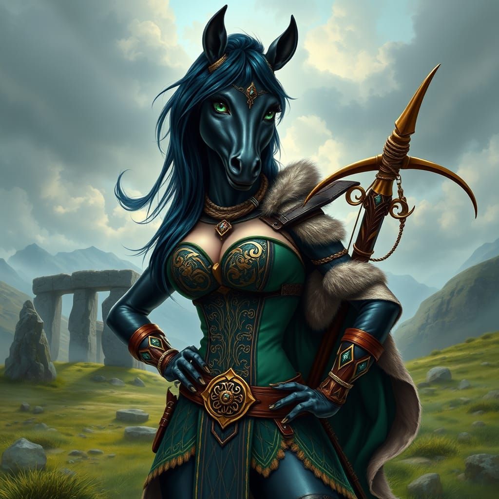 Elegant Celtic Warrior Maiden Stands Confidently in Misty Sc...