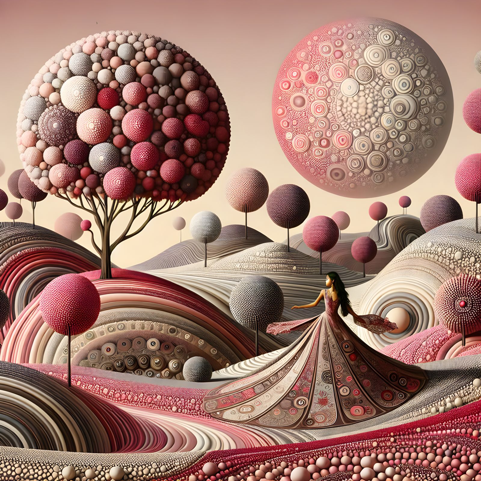 Surreal Landscape with Pink Moon and Flowing Dress