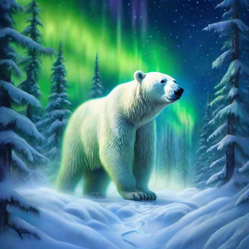 Ethereal Polar Bear Amidst Vibrant Northern Lights