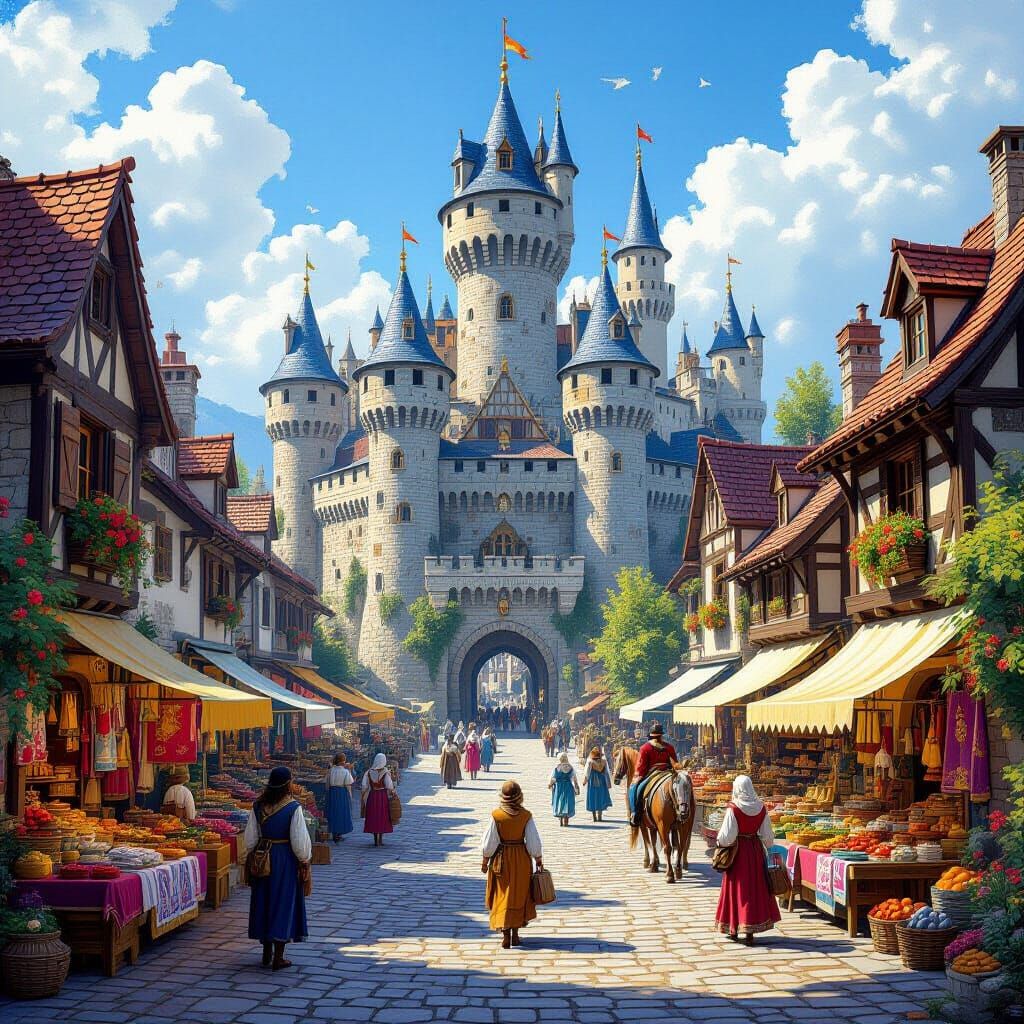 Bustling Medieval Castle Scene in Oil Painting Style