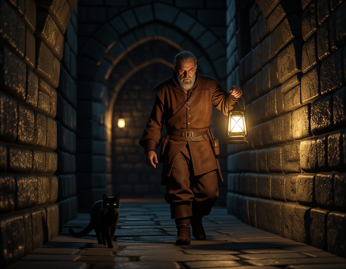 Man and Cat Patrol Magical Castle at Night