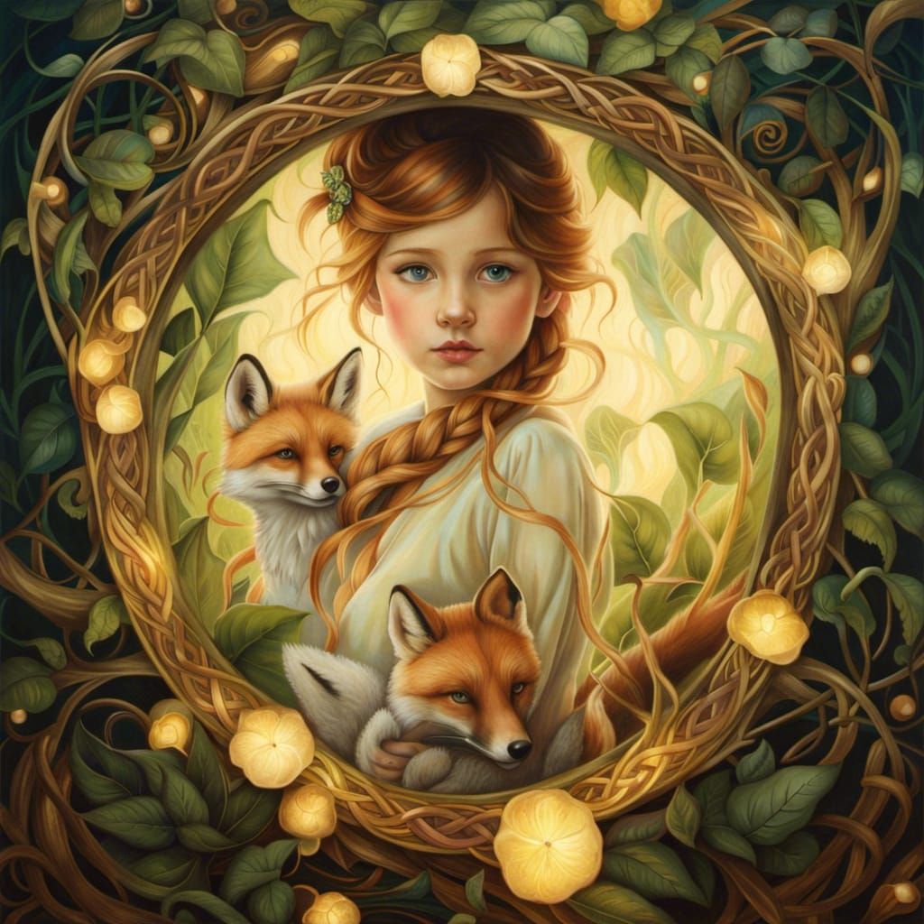 Toddler and Fox Celtic Knot Portrait in Dark Fantasy Art