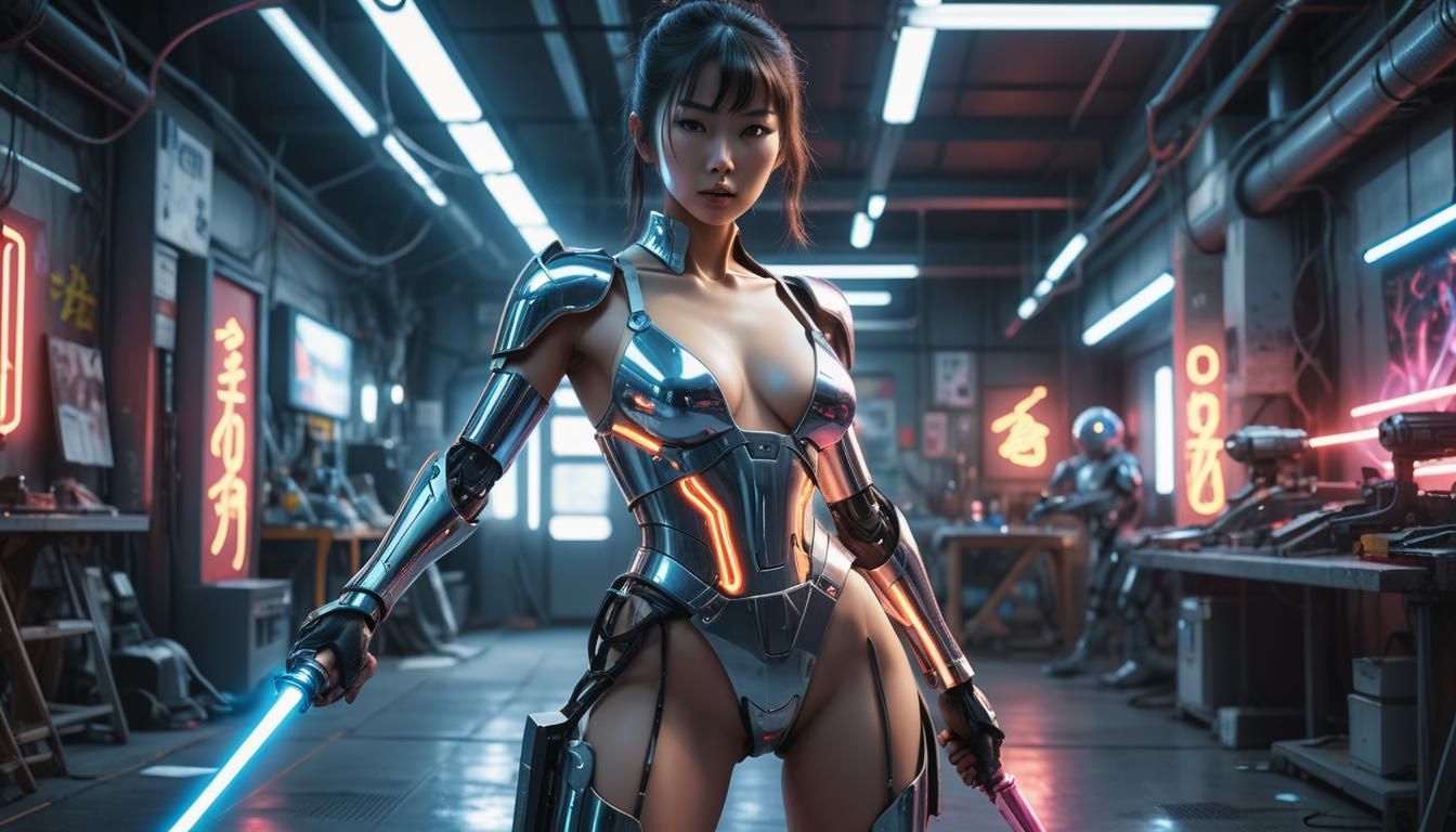 Futuristic Japanese Woman with Laser Sword in Sci-Fi Comic A...