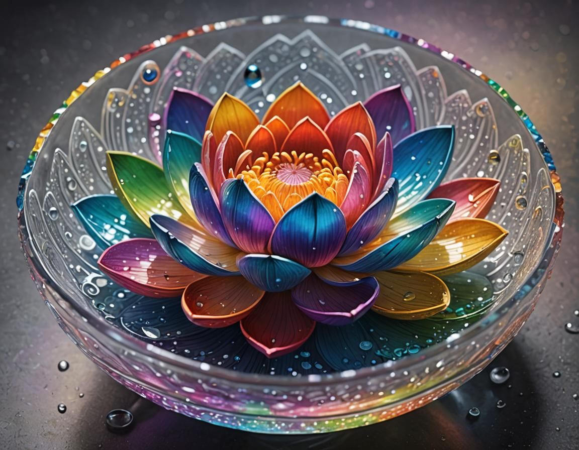 Rainbow Lotus in Crystal Bowl: 8K Masterpiece