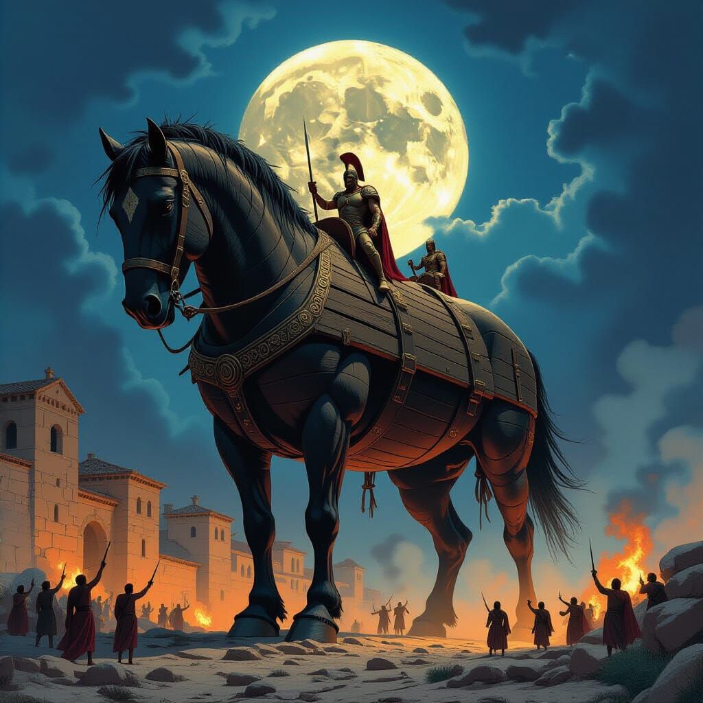 The Trojan Horse Under Moonlight, in Dark Fantasy Style