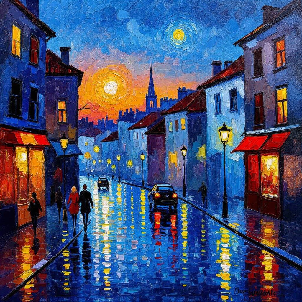 Vibrant Cityscape at Dusk in Impasto Style