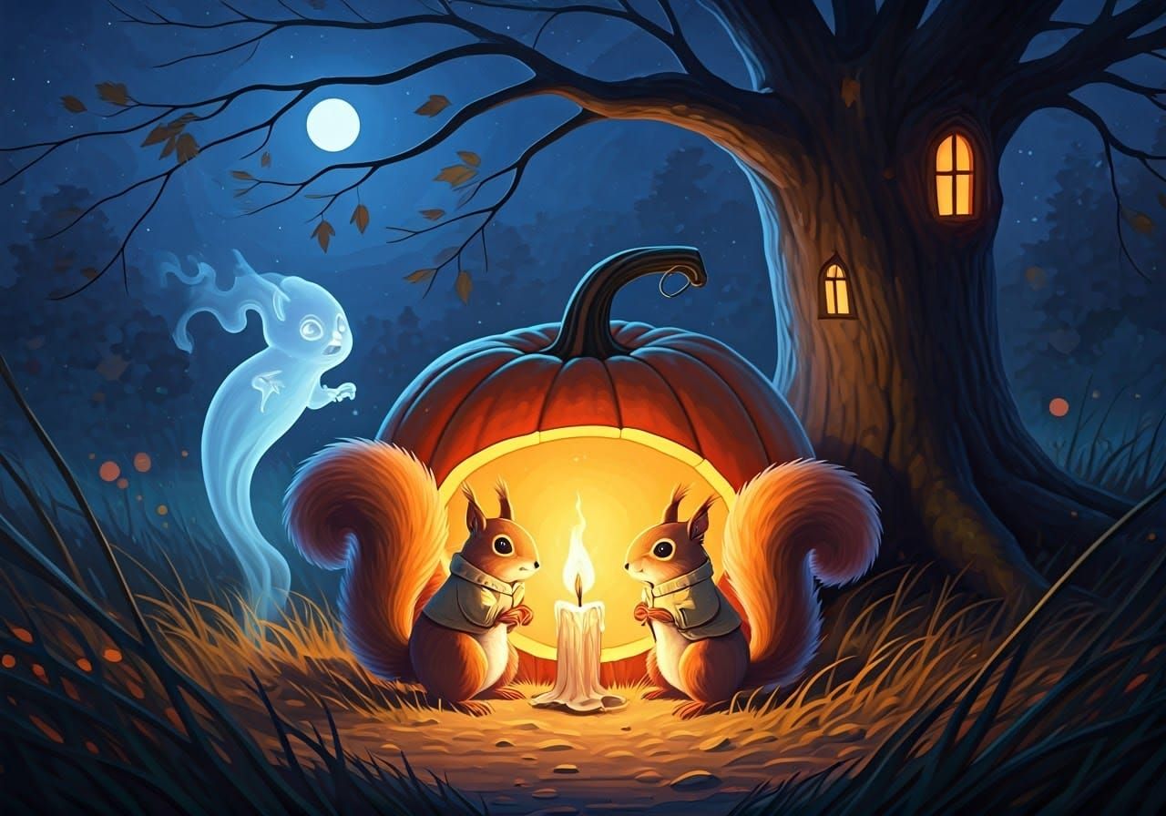 Squirrel Family Halloween Scene in Ghibli Style