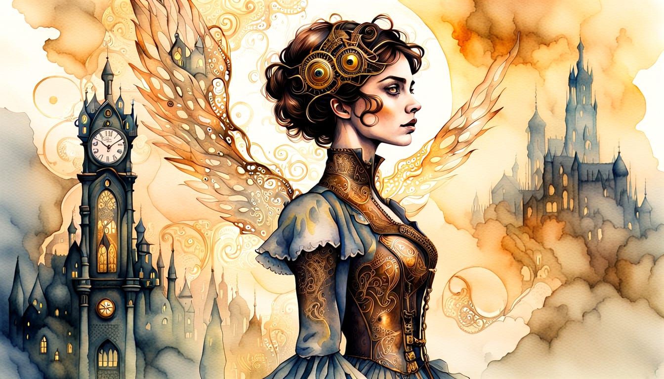 Clockwork Angel in Misty Steampunk City