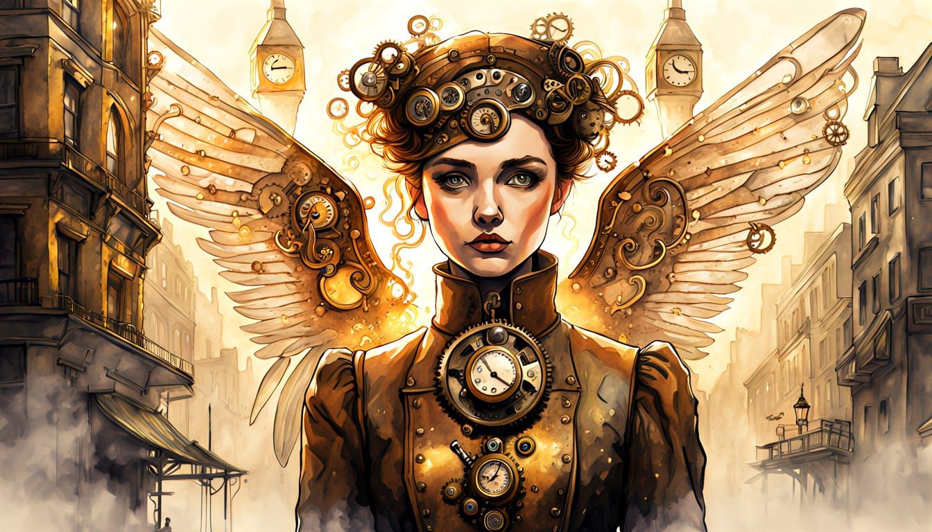 Clockwork Angel in Misty City Square: Steampunk Watercolour