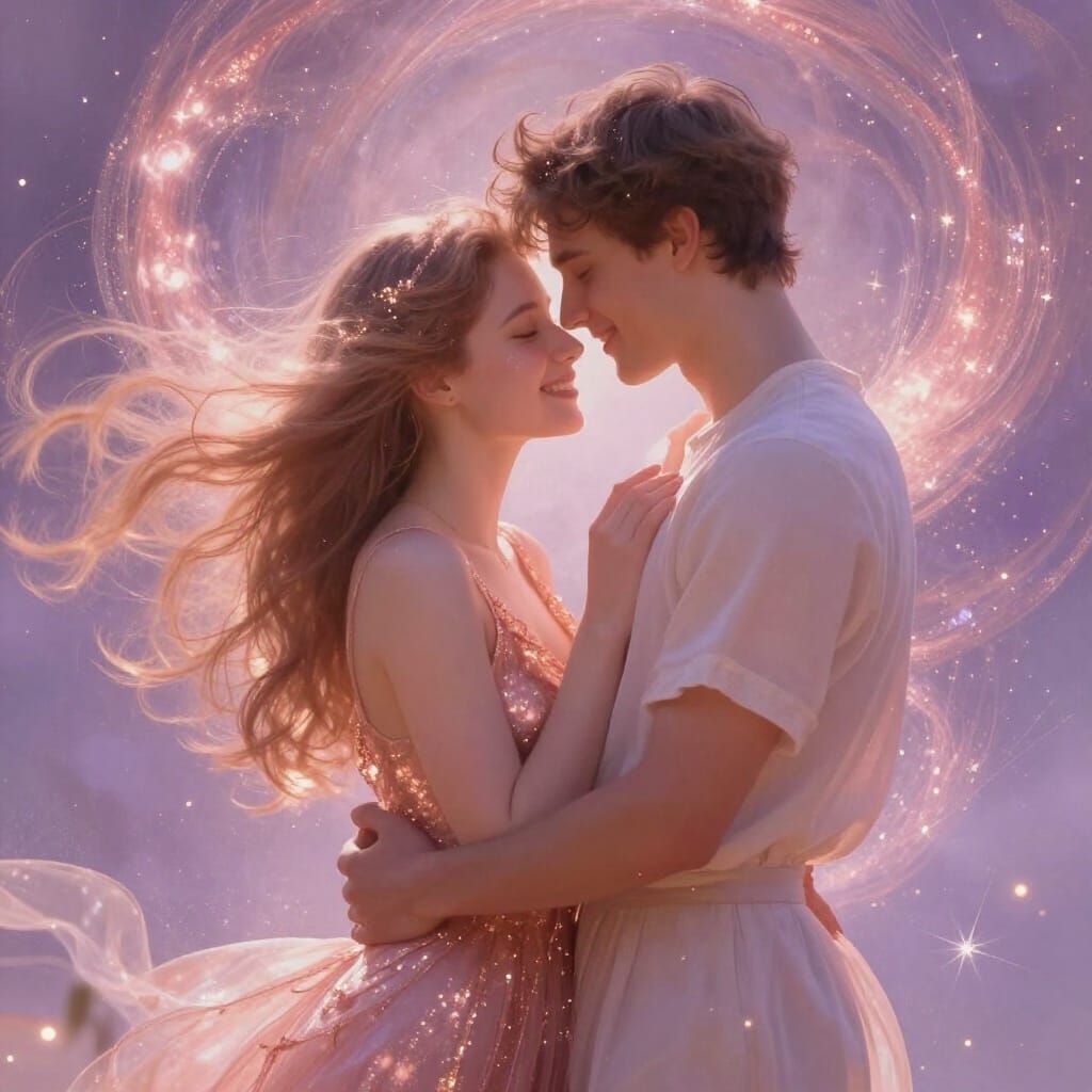 Young Couple Embracing in Ethereal Rose Gold Glow