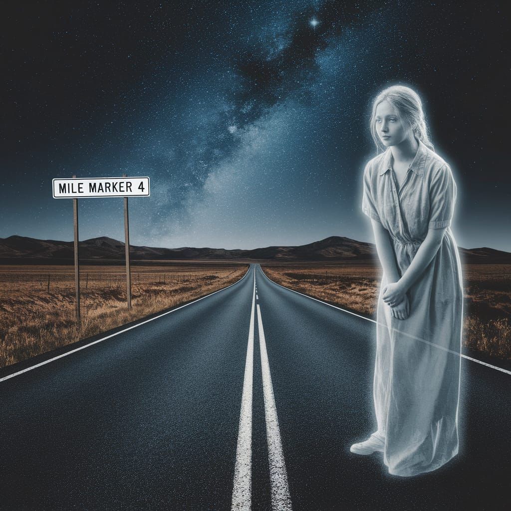 A deserted lonely night road with a sign that says "Mile Mar...