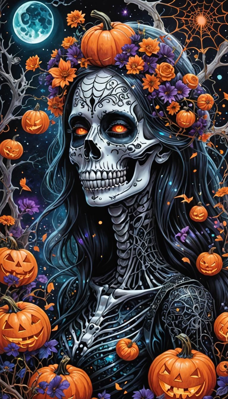 Gothic Skeleton with Flowers in Surreal Cosmic Art