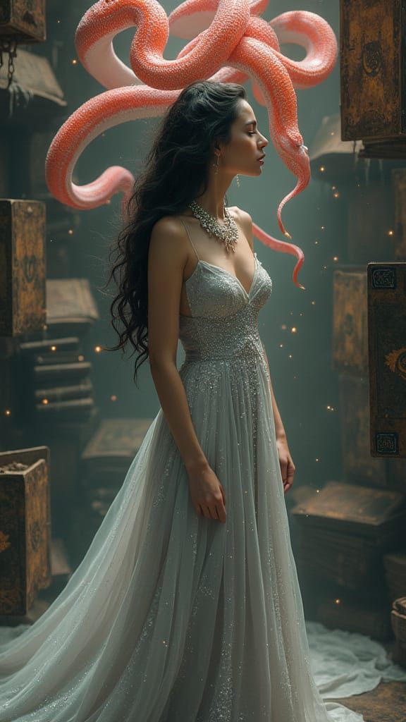 Ethereal Woman in Satin Silver Gown with Mystical Surroundin...